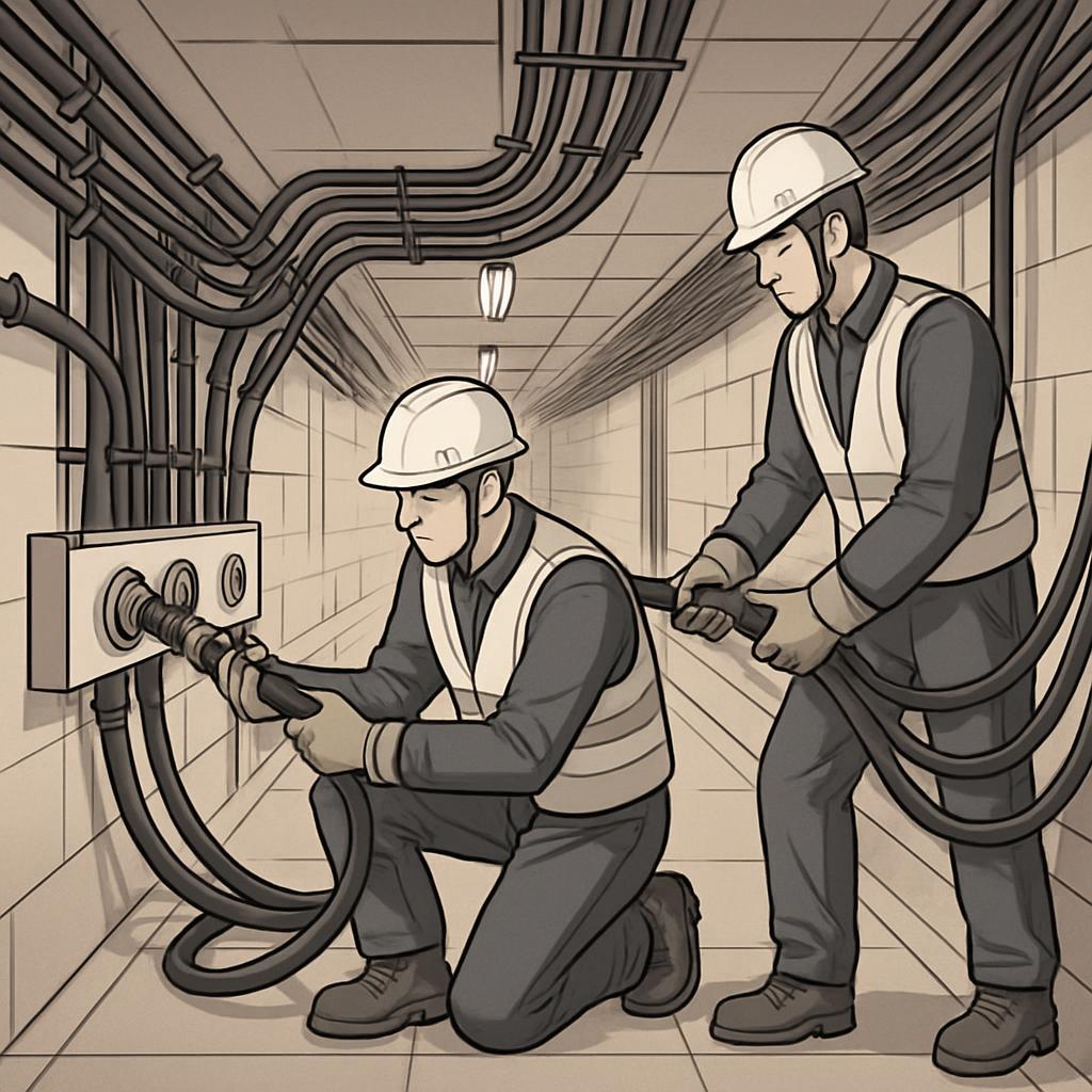 Two construction workers in a hallway, wearing hard hats and kneepads, connect electrical cables to an outlet.