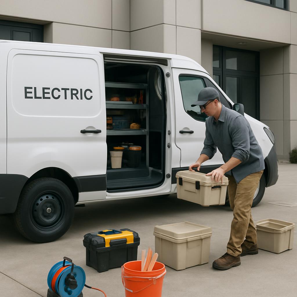 A man standing next to an "ELECTRIC" white van, holding an off-white plastic tackle box.